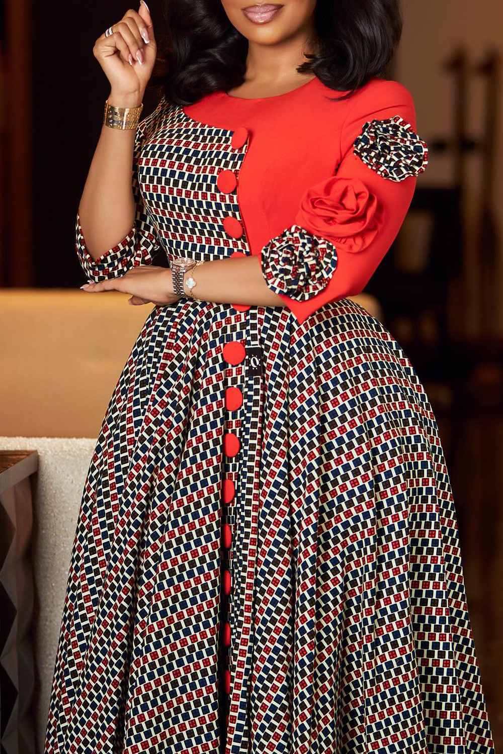 Elegant Three Quarter Sleeve 3d Floral Patchwork Dress*