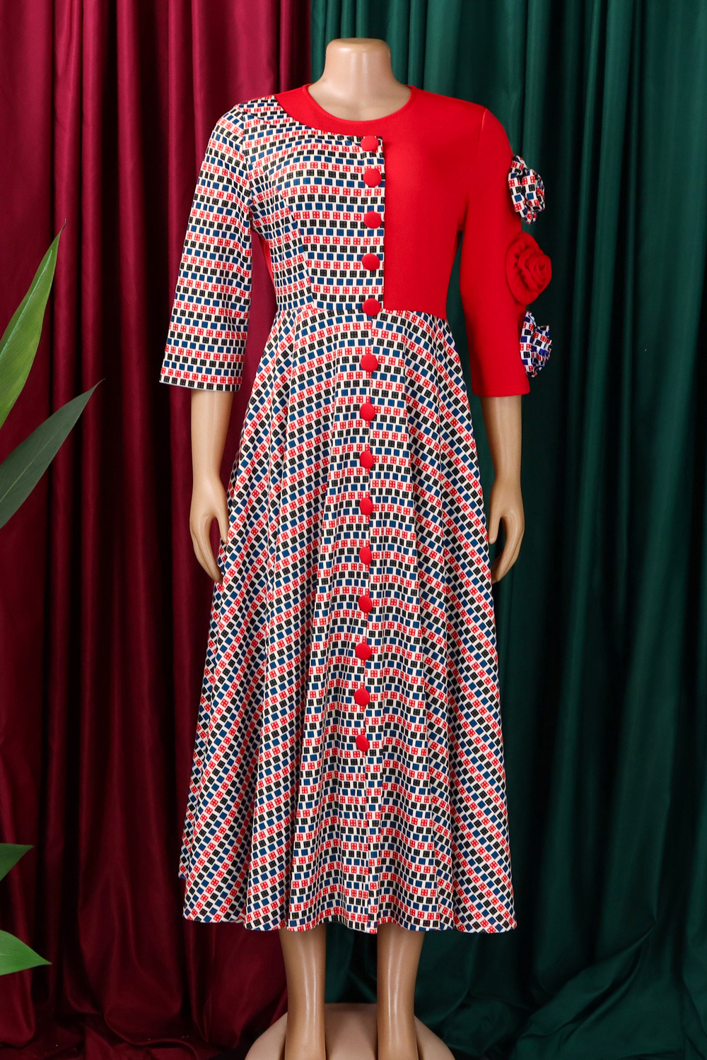 Elegant Three Quarter Sleeve 3d Floral Patchwork Dress*