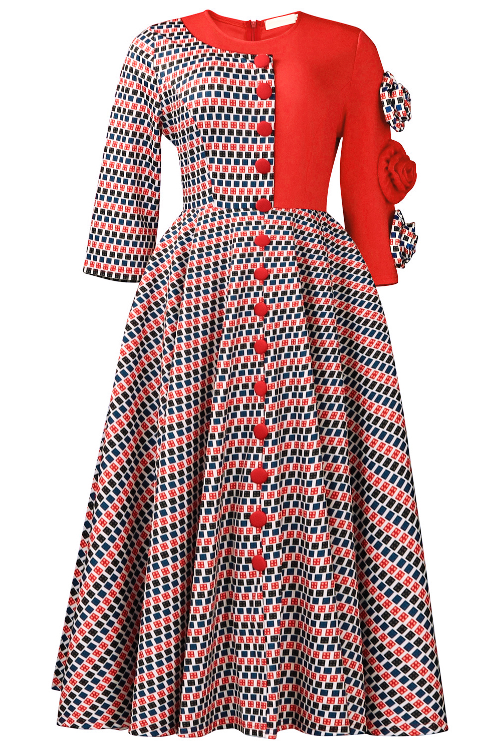 Elegant Three Quarter Sleeve 3d Floral Patchwork Dress*