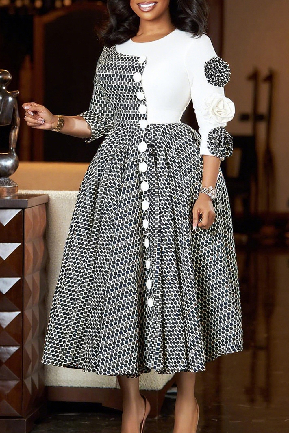 Elegant Three Quarter Sleeve 3d Floral Patchwork Dress*