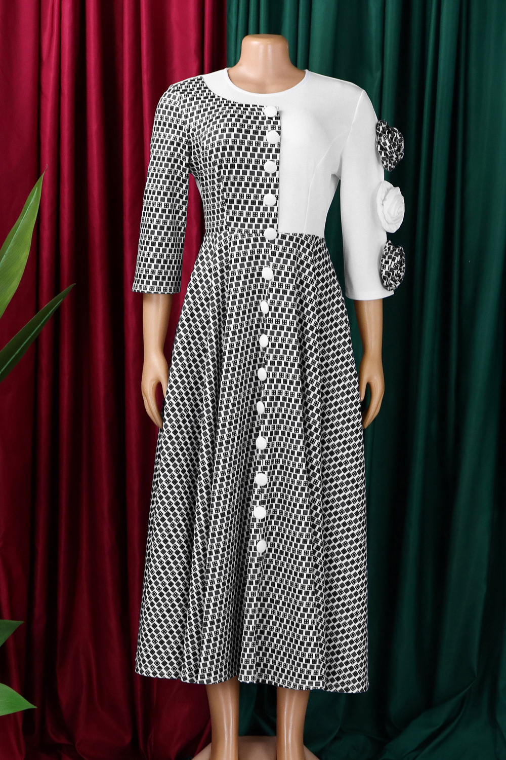 Elegant Three Quarter Sleeve 3d Floral Patchwork Dress*