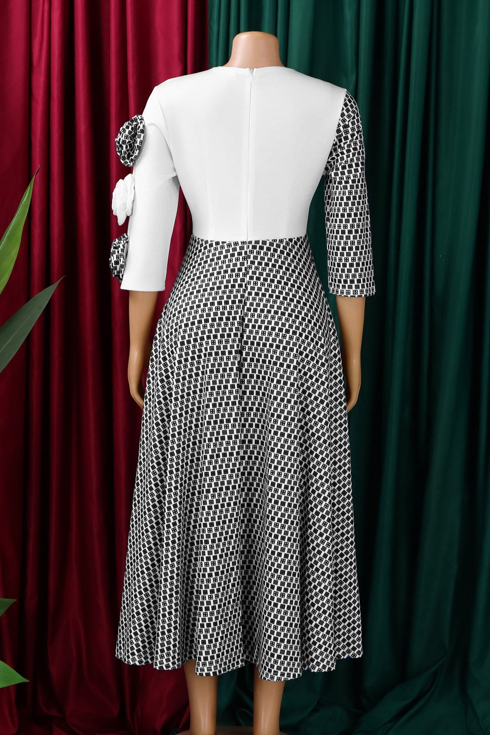 Elegant Three Quarter Sleeve 3d Floral Patchwork Dress*