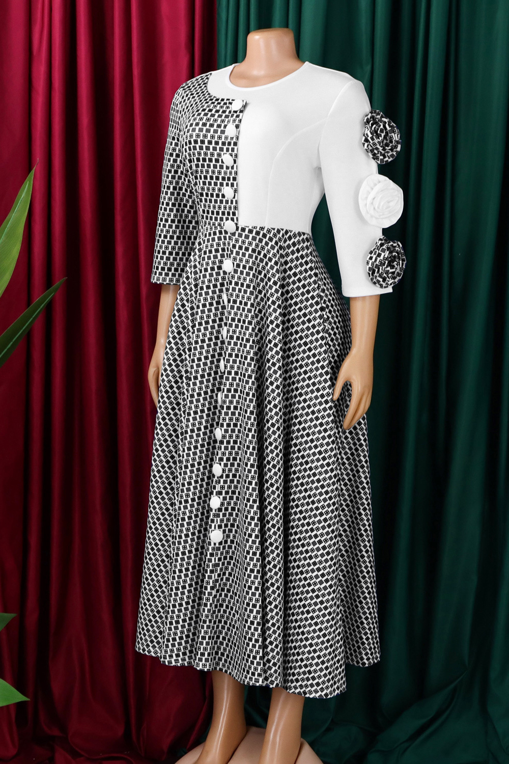 Elegant Three Quarter Sleeve 3d Floral Patchwork Dress*