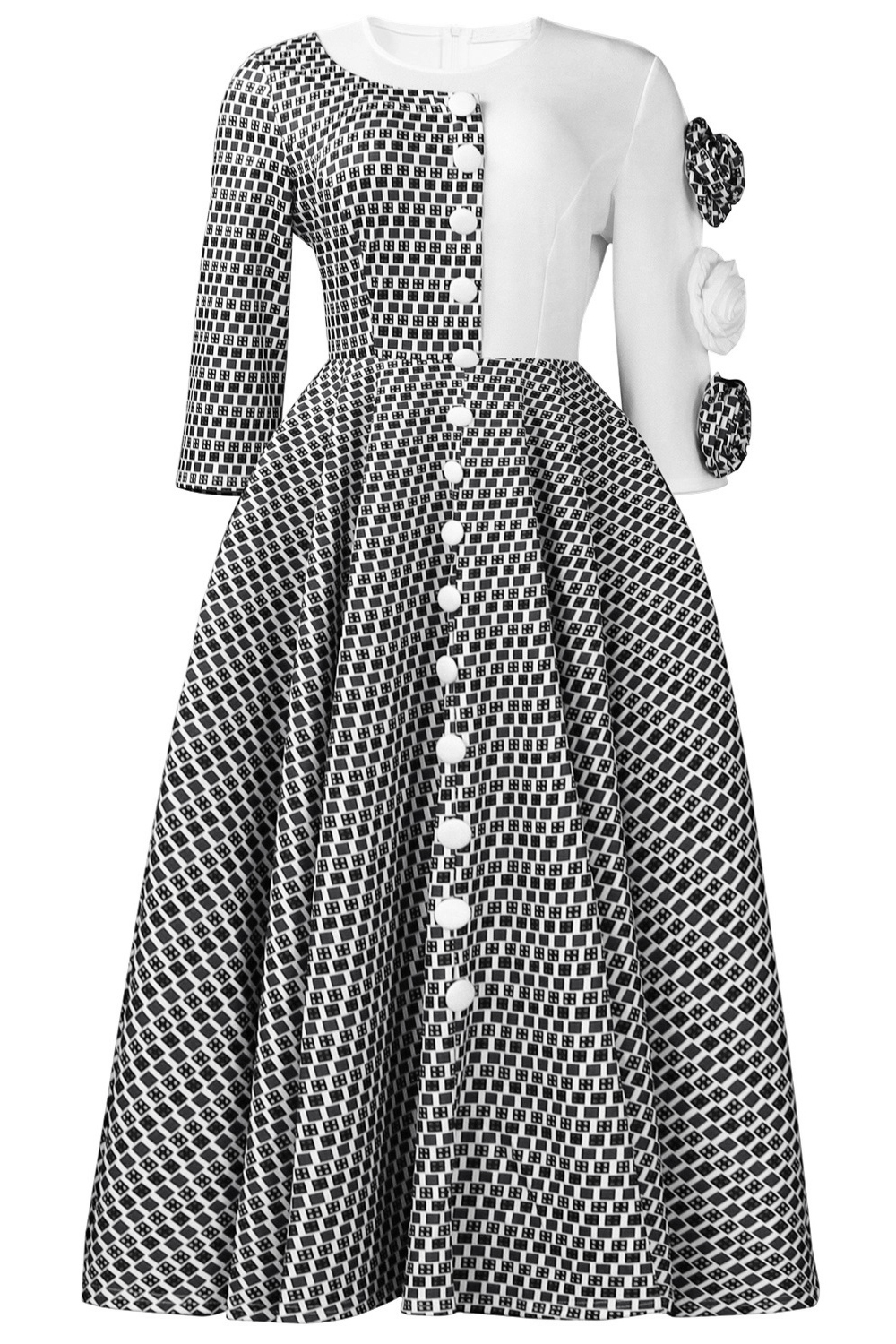 Elegant Three Quarter Sleeve 3d Floral Patchwork Dress*