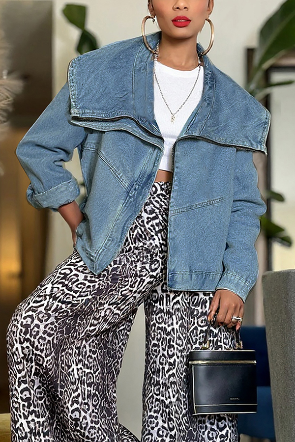 Stylish Oversized Lapel Washed Denim Jacket*