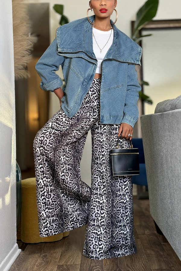 Stylish Oversized Lapel Washed Denim Jacket*