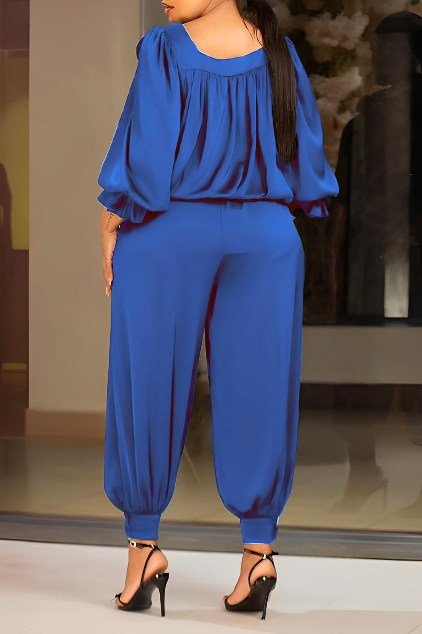 Casual Lantern Sleeve Flower Top & Pants Set