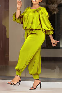 Casual Lantern Sleeve Flower Top & Pants Set