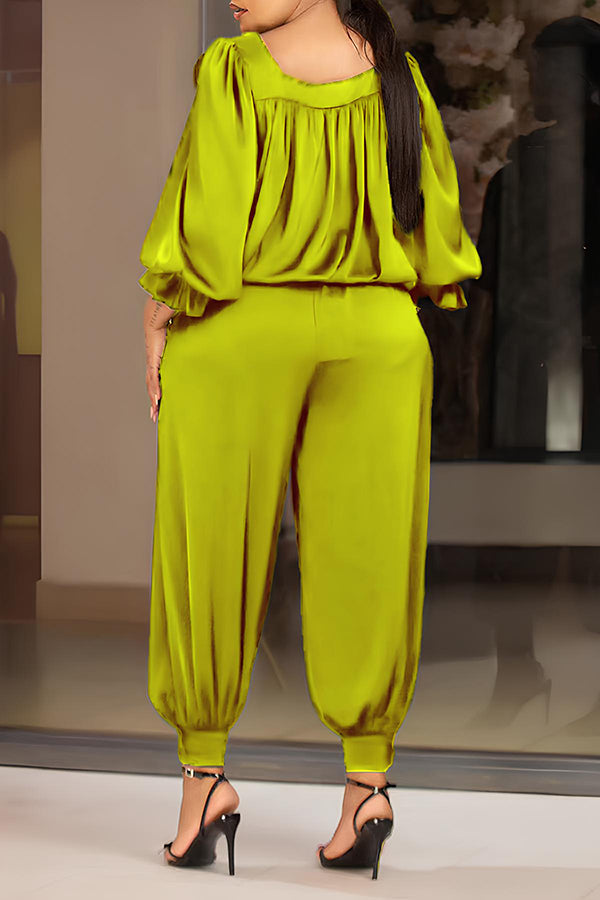 Casual Lantern Sleeve Flower Top & Pants Set