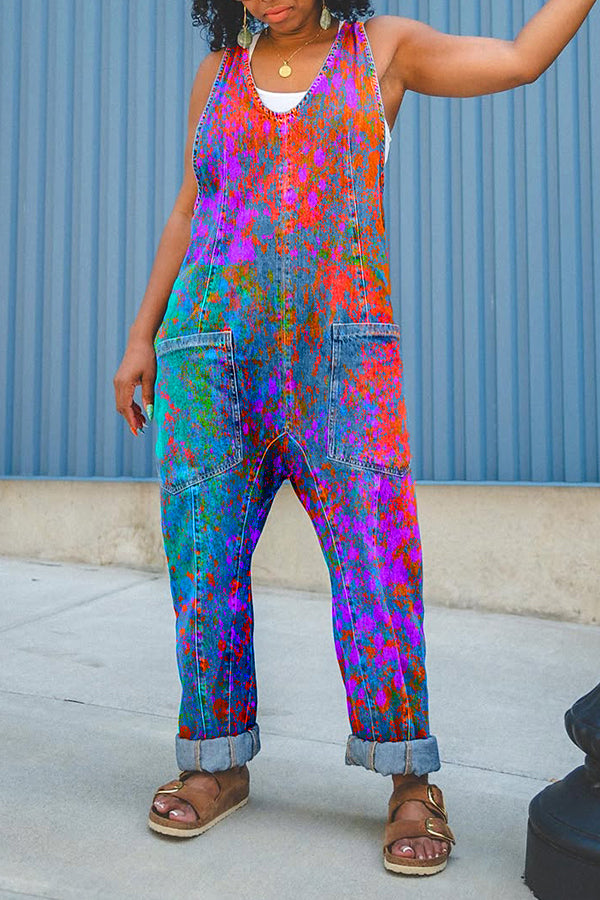 Stylish Colorful Printed Denim Overall