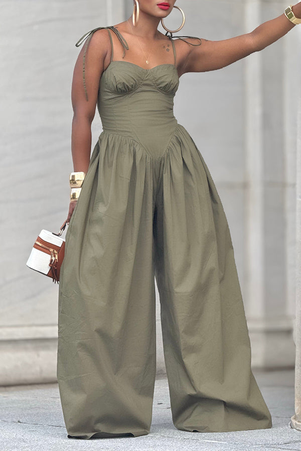 Casual Knot Shoulder Pleated Wide Leg Jumpsuit