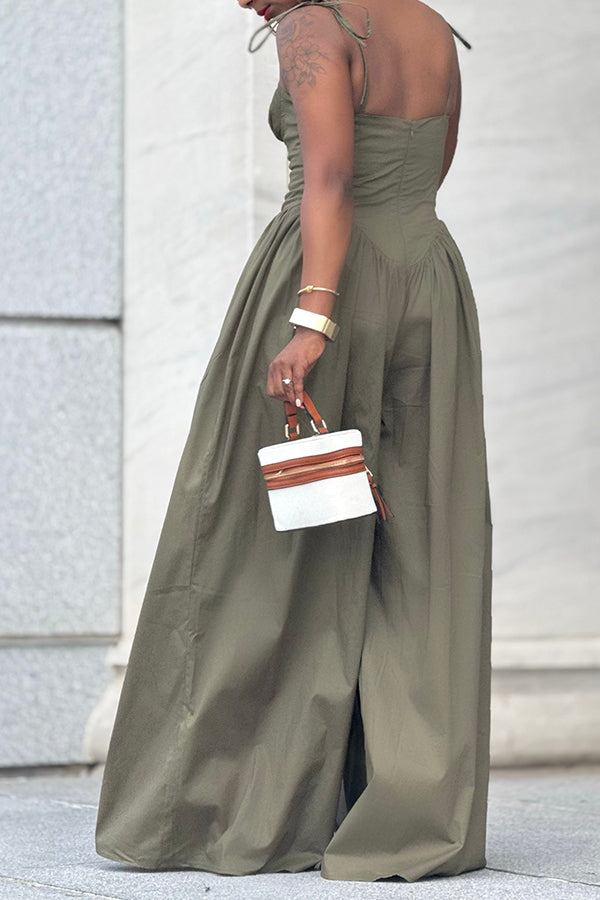 Casual Knot Shoulder Pleated Wide Leg Jumpsuit