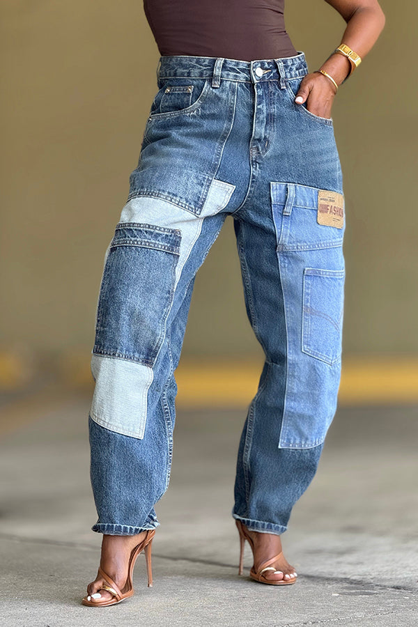 Stylish Patch Pockets Tapered Leg Jeans