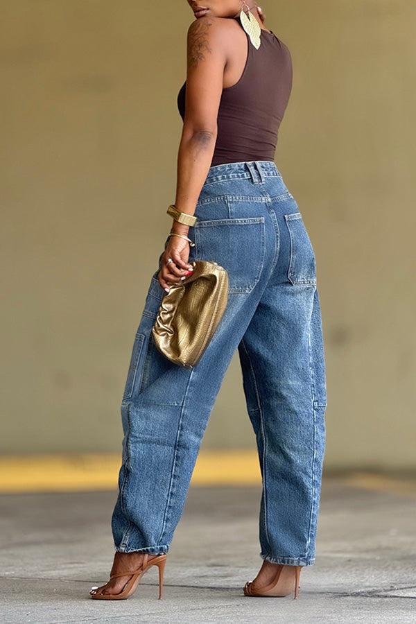 Stylish Patch Pockets Tapered Leg Jeans