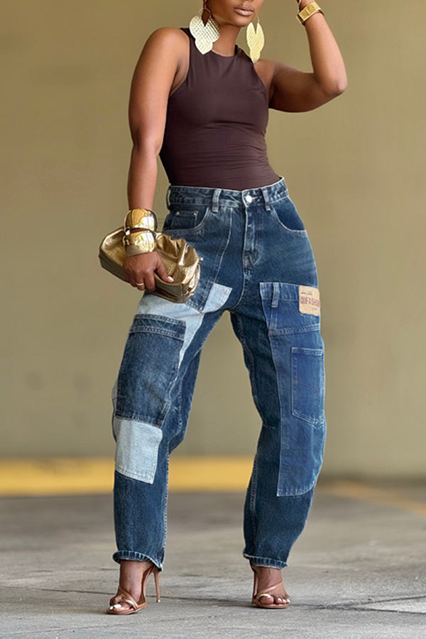 Stylish Patch Pockets Tapered Leg Jeans