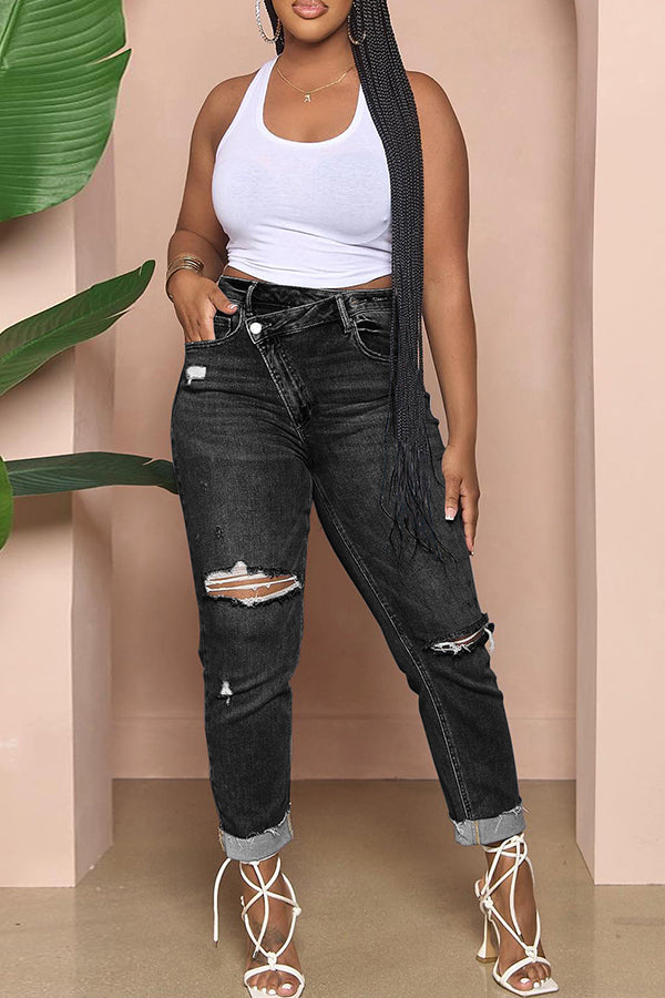 Ripped Asymmetrical Waist Slim Jeans