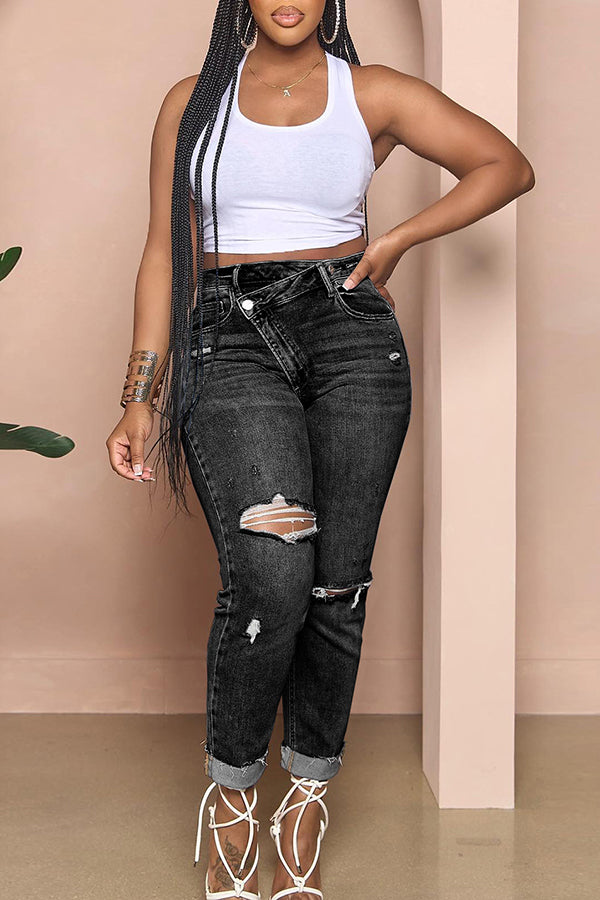 Ripped Asymmetrical Waist Slim Jeans