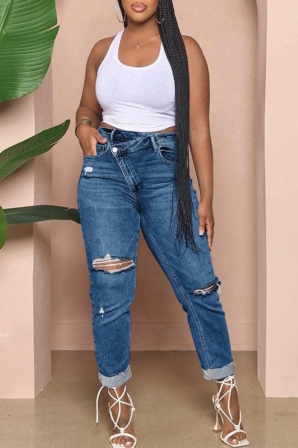 Ripped Asymmetrical Waist Slim Jeans