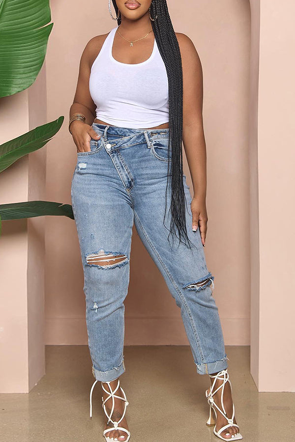 Ripped Asymmetrical Waist Slim Jeans