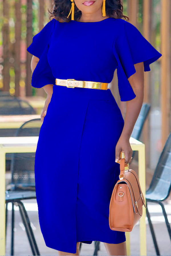 Elegant Round Neck Flutter Sleeve Dress