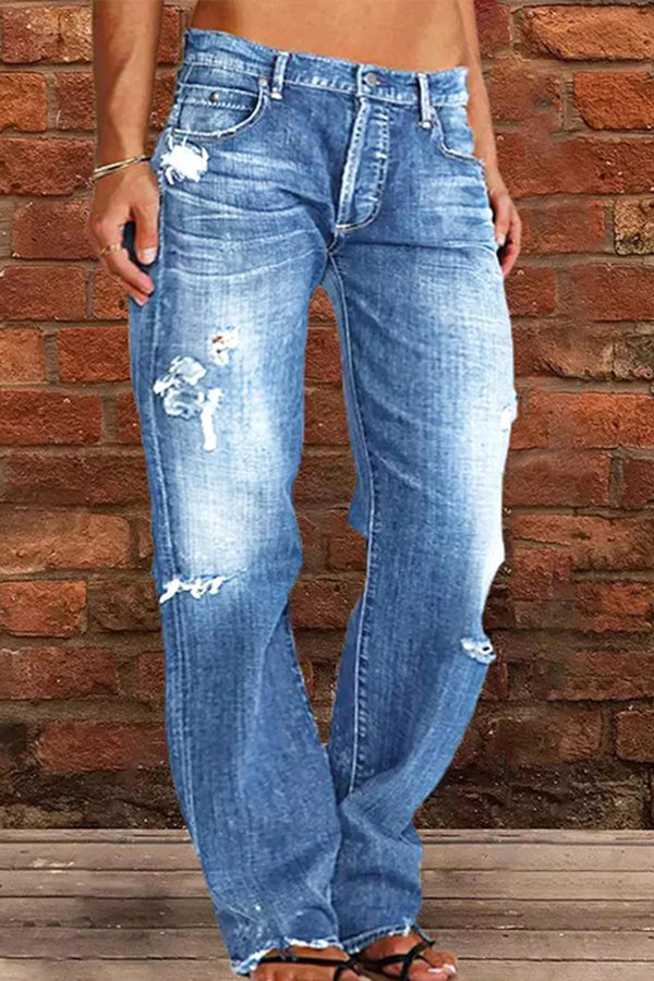 Casual Middle Rise Ripped Straight Cut Jeans