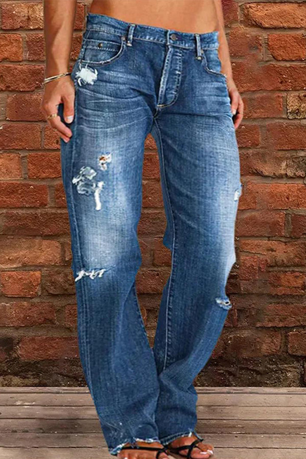 Casual Middle Rise Ripped Straight Cut Jeans