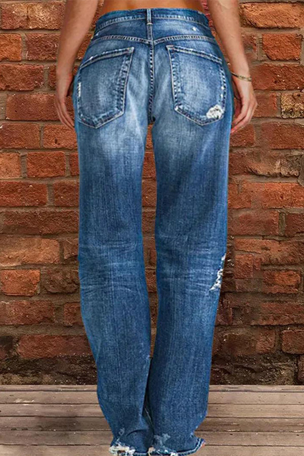 Casual Middle Rise Ripped Straight Cut Jeans