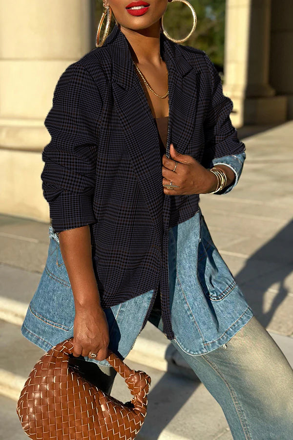 Chic Plaid Denim Splicing Button Back Blazer