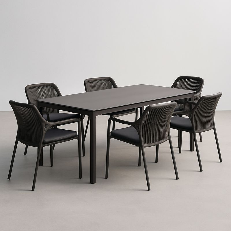 Set Tavolo e 6 Sedie Rettangolare in Metallo e Polietilene Nero-Nestlivi