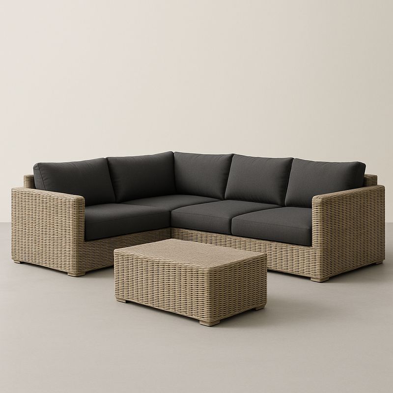 Divano angolare in rattan sintetico con cuscini neri-Nestlivi