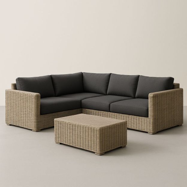 Divano angolare in rattan sintetico con cuscini neri-Nestlivi