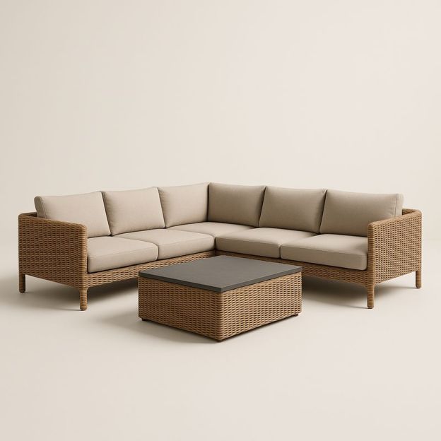 Divano angolare in rattan con cuscini beige e tavolino-Nestlivi