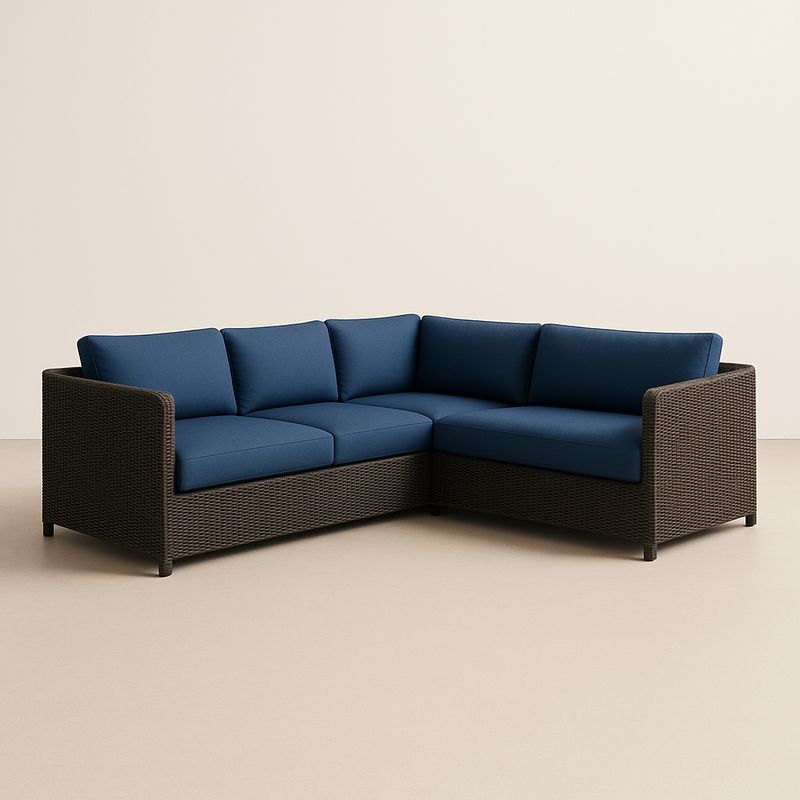 Divano angolare in rattan marrone con cuscini blu-Nestlivi