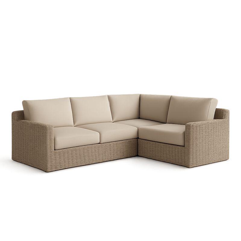 Divano ad angolo in rattan beige con rivestimento in poliestere e schiuma-Nestlivi