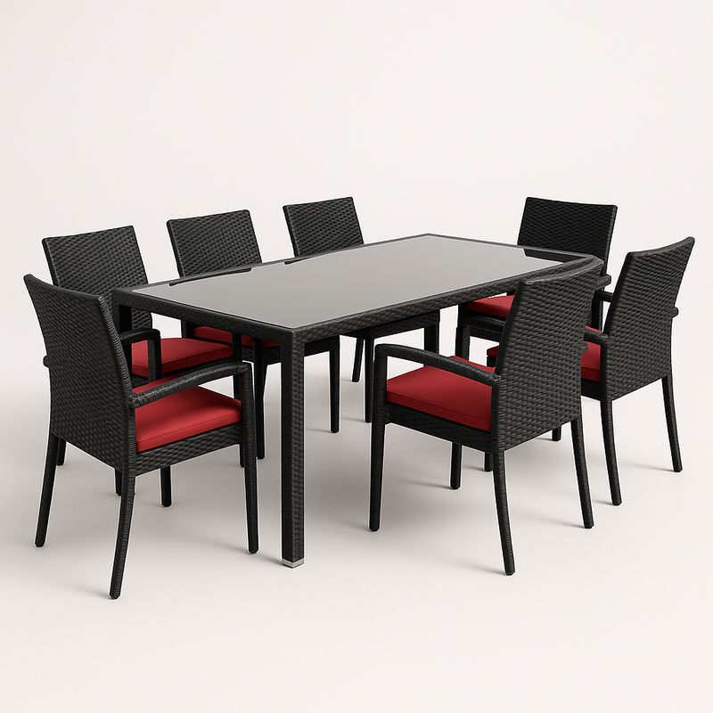 Set da pranzo rettangolare da esterno in rattan con tavolo in vetro temperato e 7 sedie, disponibile in nero/rosso.-Nestlivi