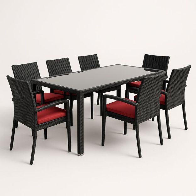 Set da pranzo rettangolare da esterno in rattan con tavolo in vetro temperato e 7 sedie, disponibile in nero/rosso.-Nestlivi