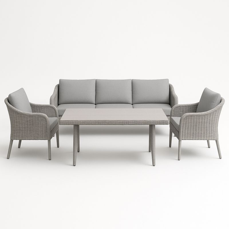 Set salotto da giardino in rattan con cuscini e tavolo rettangolare-Nestlivi