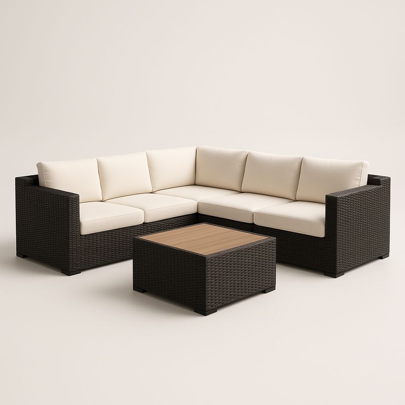 Divano angolare in rattan sintetico marrone con cuscini in poliestere crema e tavolino-Nestlivi