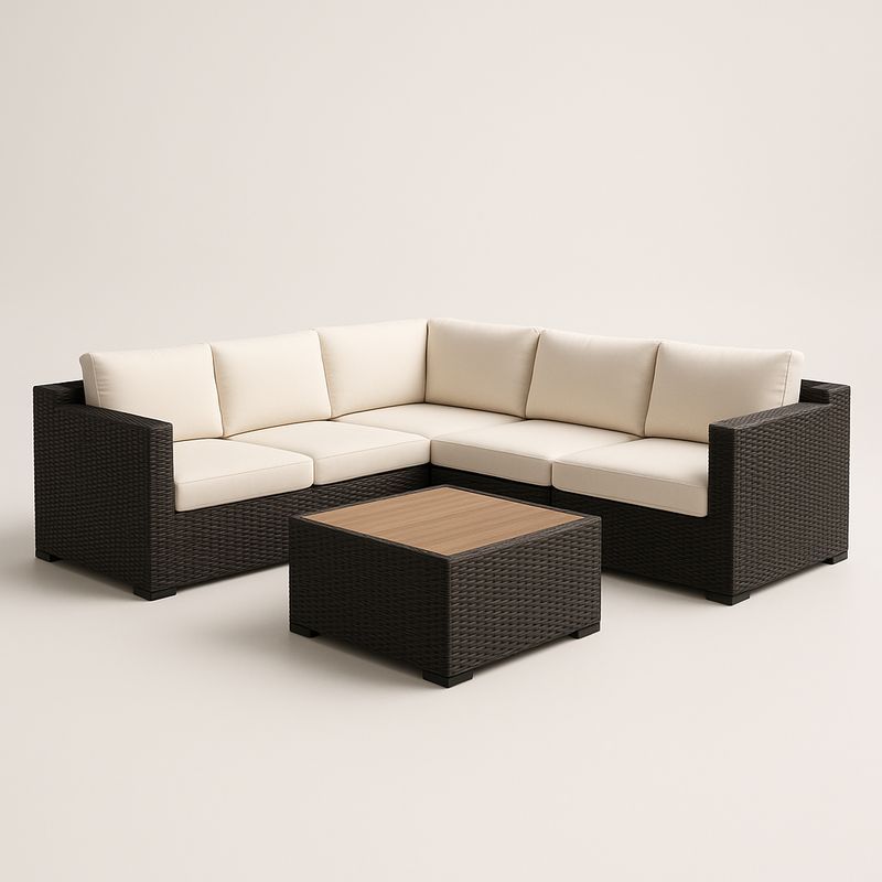 Divano angolare in rattan sintetico marrone con cuscini in poliestere crema e tavolino-Nestlivi