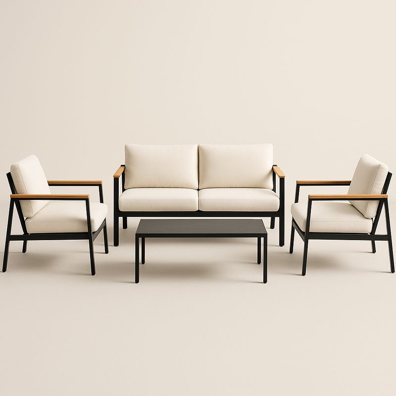 Set mobili da giardino in metallo e teak con sedie e divano beige-Nestlivi