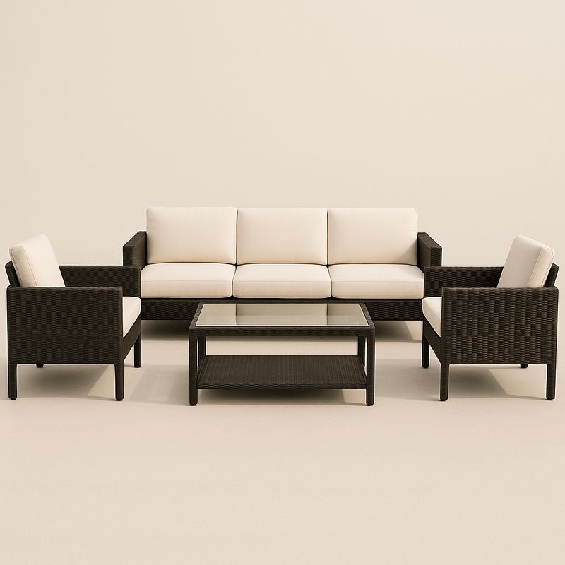 Set Salotto da Giardino in Rattan con Cuscini Crema e Tavolo in Vetro Temperato-Nestlivi