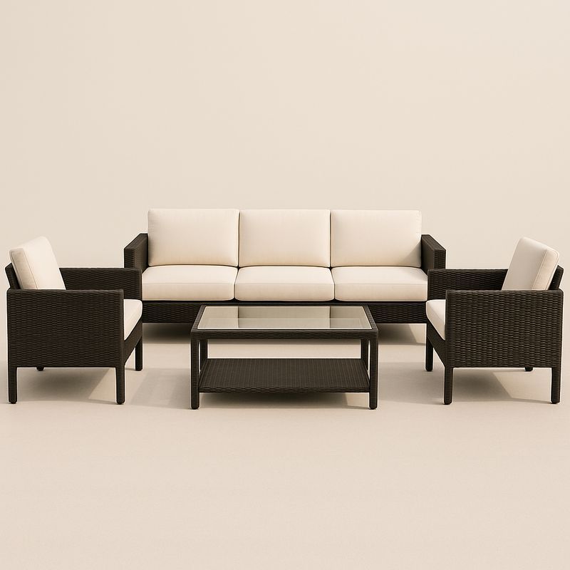 Set Salotto da Giardino in Rattan con Cuscini Crema e Tavolo in Vetro Temperato-Nestlivi