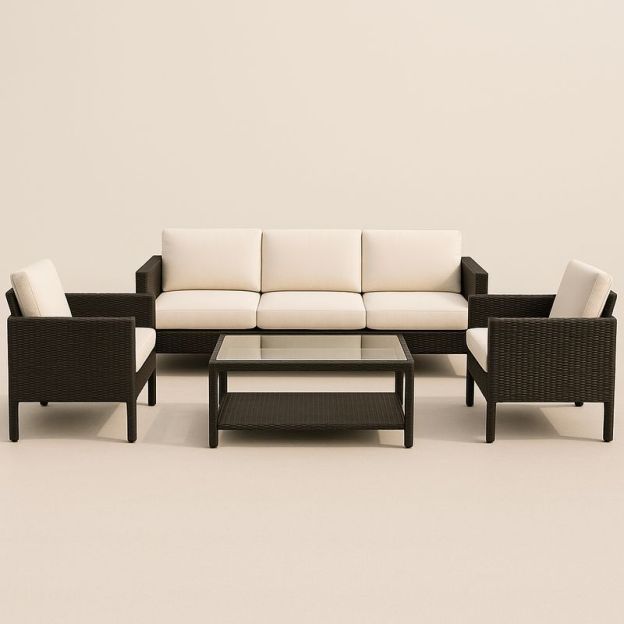 Set Salotto da Giardino in Rattan con Cuscini Crema e Tavolo in Vetro Temperato-Nestlivi