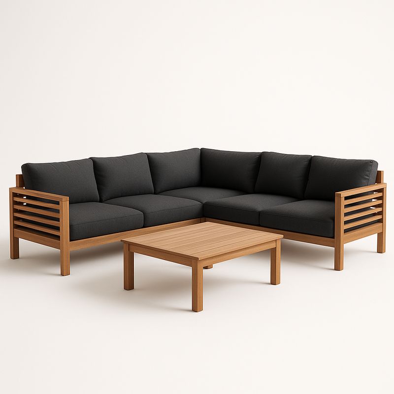 Divano angolare in legno con cuscini grigi e tavolino-Nestlivi