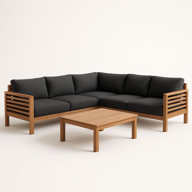 Divano angolare in legno con cuscini grigi e tavolino-Nestlivi