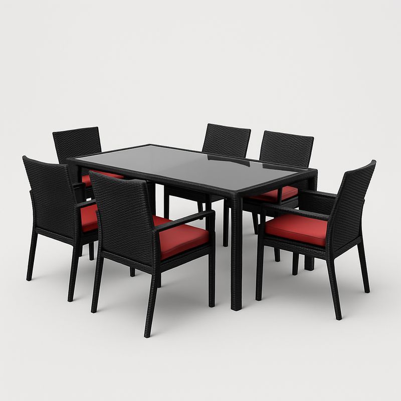 Set tavolo da pranzo in vetro e rattan nero con 6 sedie cuscino rosso-Nestlivi