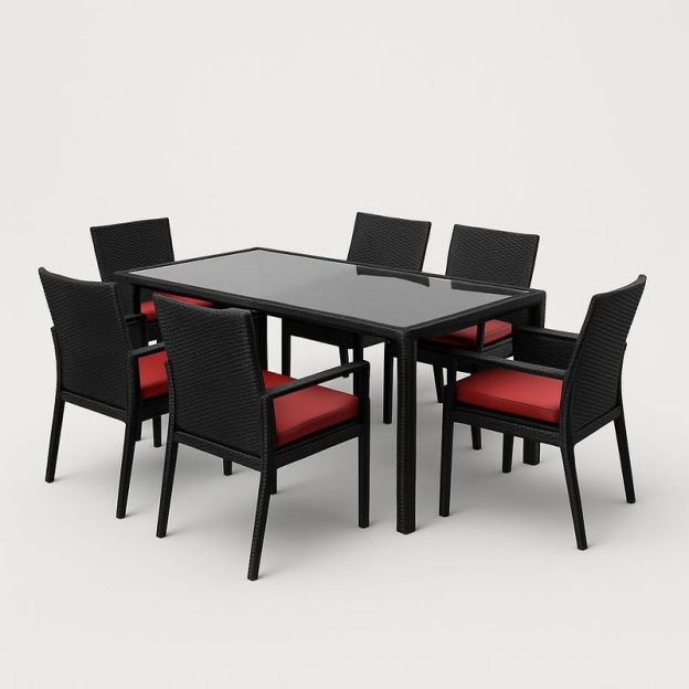 Set tavolo da pranzo in vetro e rattan nero con 6 sedie cuscino rosso-Nestlivi