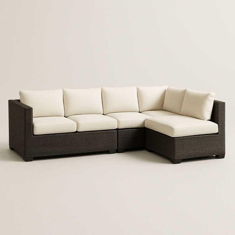 Divano angolare modulare in Rattan sintetico Marrone con cuscini Crema-Nestlivi