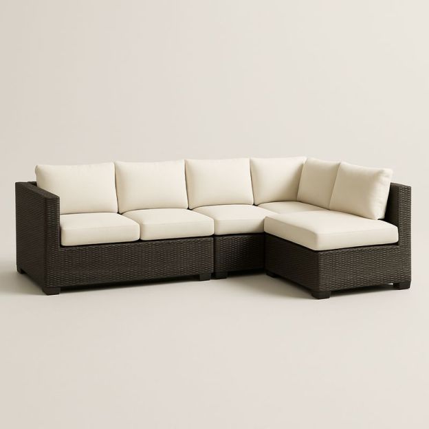 Divano angolare modulare in Rattan sintetico Marrone con cuscini Crema-Nestlivi