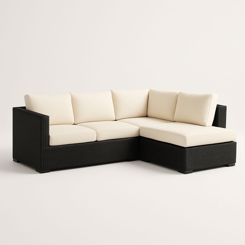 Divano ad Angolo in Rattan Sintetico Nero con Cuscini in Poliestere Crema-Nestlivi